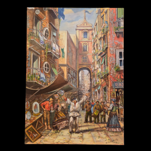 Dipinto La strada dei pastori di G. Odierna veduta frontale Quadro olio su tela di G. Odierna intitolato La strada dei pastori, raffigurante Pulcinella e musici in un vicolo di Napoli.