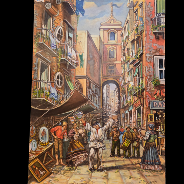 Dettaglio pittorico opera La strada dei pastori G. Odierna Primo piano dei colori e della tecnica a olio del dipinto di G. Odierna che mostra i dettagli della festa popolare napoletana.