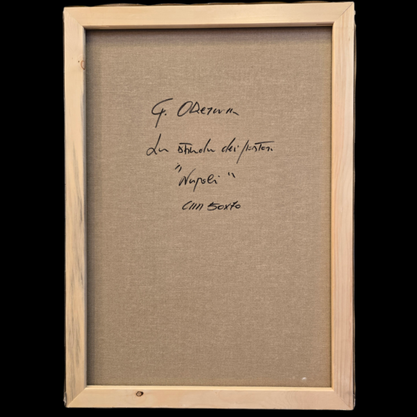 Retro della tela con firma e titolo G. Odierna Retro del telaio in legno con firma del maestro G. Odierna, titolo dell'opera "La strada dei pastori" e misure 50x70 cm.