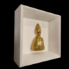 Dettaglio laterale della teca con San Gennaro oro bucherellato, evidenziando la profondità della cornice e la lucentezza della ceramica.