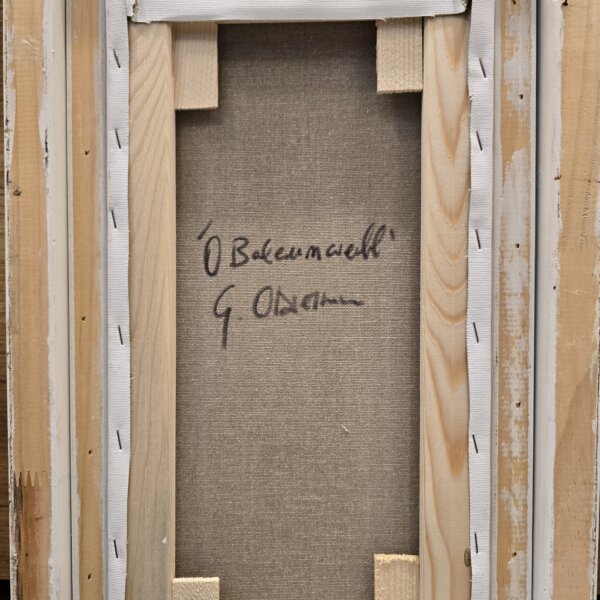 Firma e titolo retro tela O Balcunciell Retro del telaio in legno con scritta a mano "'O Balcunciell" e firma dell'artista G. Odierna.
