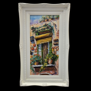 Quadro O Balcunciell G. Odierna olio su tela Dipinto olio su tela verticale raffigurante un balcone fiorito con tenda gialla e persiane verdi, firmato G. Odierna, con cornice bianca lavorata.