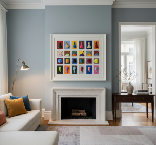 Salotto moderno con quadro artigianale "Sfumature di Napoli Un esempio raffinato di come l'opera "Sfumature di Napoli" possa trasformare un ambiente domestico. Il quadro è posizionato come punto focale sopra un elegante camino in marmo, spiccando su una parete color carta da zucchero. La griglia ordinata delle miniature in terracotta – che ritraggono icone come la mitra di San Gennaro, il Vesuvio e le maschere – porta un tocco di vivacità pop e colore che contrasta splendidamente con l'arredamento classico-contemporaneo del soggiorno. Un perfetto equilibrio tra la tradizione artigianale partenopea e il design d'interni moderno