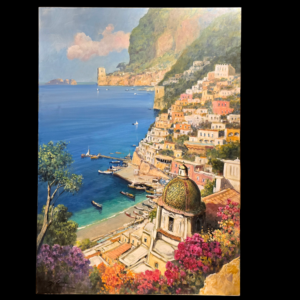 Veduta completa frontale del dipinto 70x100 cm raffigurante Positano, con la cupola della chiesa, le case sulla scogliera e fiori in primo piano.