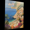 Il dipinto visto da un'angolazione laterale che mostra lo spessore del telaio e la pennellata materica sui fiori e sul mare.