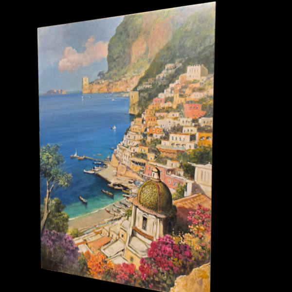 Il dipinto visto da un'angolazione laterale che mostra lo spessore del telaio e la pennellata materica sui fiori e sul mare.