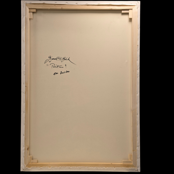 Retro del dipinto che mostra il telaio in legno, la firma originale del Maestro Gianni Di Guida, il titolo "Positano" e le dimensioni 70x100 cm.