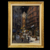 Dipinto Una serata a San Gregorio Armeno Francesco Tammaro con cornice dorata Grande quadro olio su tavola di Francesco Tammaro raffigurante la via di San Gregorio Armeno a Napoli di notte con luna piena e personaggi, completo di cornice dorata barocca.