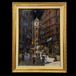 Dipinto Una serata a San Gregorio Armeno Francesco Tammaro con cornice dorata Grande quadro olio su tavola di Francesco Tammaro raffigurante la via di San Gregorio Armeno a Napoli di notte con luna piena e personaggi, completo di cornice dorata barocca.