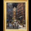 Dettaglio botteghe arte sacra San Gregorio Armeno Tammaro Primo piano del dipinto che mostra passanti eleganti e le luci delle botteghe di arte sacra a Napoli, evidenziando la tecnica dettagliata di Francesco Tammaro.