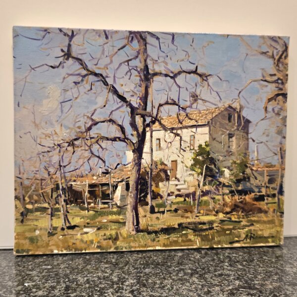 Dettaglio pennellate La casa in campagna Vista ravvicinata e angolata delle pennellate materiche del maestro Armando Romano sui rami dell'albero e sulla facciata del casale.