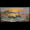Visione completa del dipinto a olio su tela 60x120 cm raffigurante il panorama di Ischia con il Castello Aragonese, il tramonto e le barche dei pescatori.