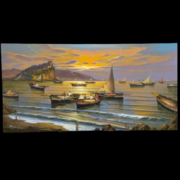 Visione completa del dipinto a olio su tela 60x120 cm raffigurante il panorama di Ischia con il Castello Aragonese, il tramonto e le barche dei pescatori.
