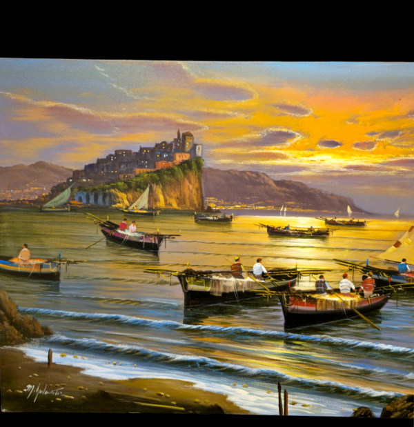 Primo piano della parte sinistra del quadro con il Castello Aragonese arroccato sulla scogliera e pescatori su una barca in primo piano.