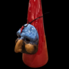 Dettaglio Maschera Azzurra Corno Rosso Primo piano della maschera in ceramica smaltata azzurra con piccolo cornetto rosso, legata al corno artigianale.