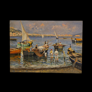 Opera completa frontale di Francesco Vassetti, veduta di Posillipo con barche a vela e pescatori.