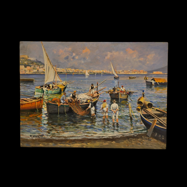 Francesco-Vassetti-Approdo-Posillipino-Olio-su-Tela Opera completa frontale di Francesco Vassetti, veduta di Posillipo con barche a vela e pescatori.