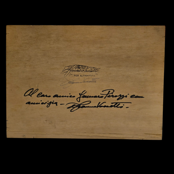 Autentica-Retro-Approdo-Posillipino-Vassetti Retro della tela con dedica autografa di Francesco Vassetti e timbro di autenticità.