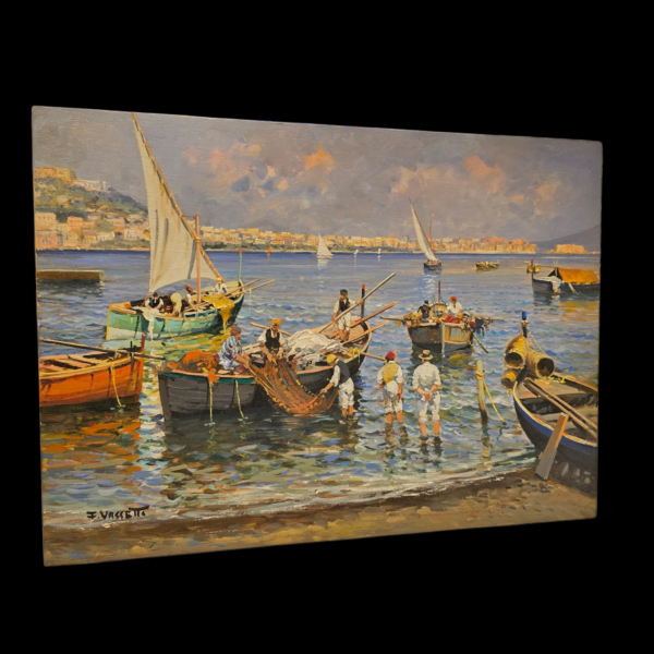 Dettaglio-Pennellata-Vassetti-Posillipo Dettaglio laterale dell'opera che evidenzia la tecnica materica e la firma del maestro in basso a sinistra.