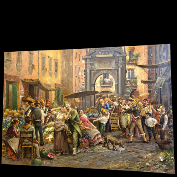 primo-piano-pittura-elio-ferrara Inquadratura ravvicinata che evidenzia la tecnica pittorica a olio del maestro napoletano Elio Ferrara.