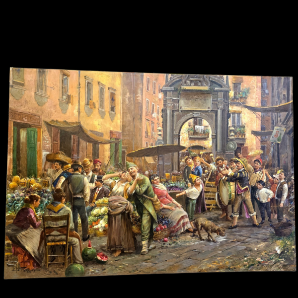 prospettiva-sinistra-opera-ferrara Vista laterale sinistra della tela 70x100cm di Elio Ferrara che mostra la profondità e i colori del mercato napoletano.