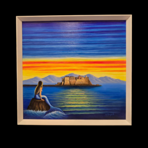 Opera-Completa-Partenope-Olio-su-Tela Inquadratura frontale del dipinto Partenope con Castel dell'Ovo, dimensioni 70x70cm con cornice bianca.