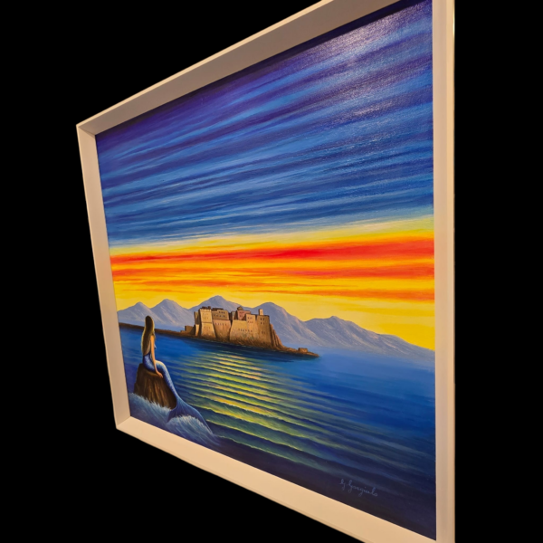 Dettaglio ravvicinato della sirena e del tramonto infuocato sul mare di Napoli, olio su tela.