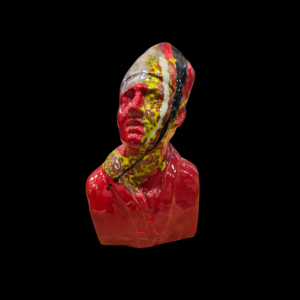 san-gennaro-stilizzato-sfumato-frontale Busto frontale di San Gennaro in ceramica stilizzata con colature di colore giallo, nero e bianco su base rossa