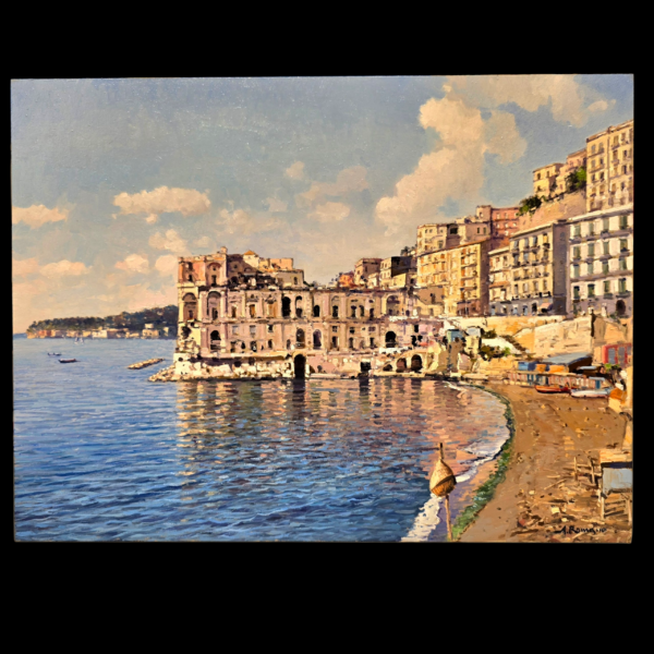 Veduta frontale ad alta risoluzione del quadro Dettaglio frontale del dipinto 30x40 cm Palazzo Donn'Anna, con focus sui riflessi dell'acqua e l'architettura posillipina.