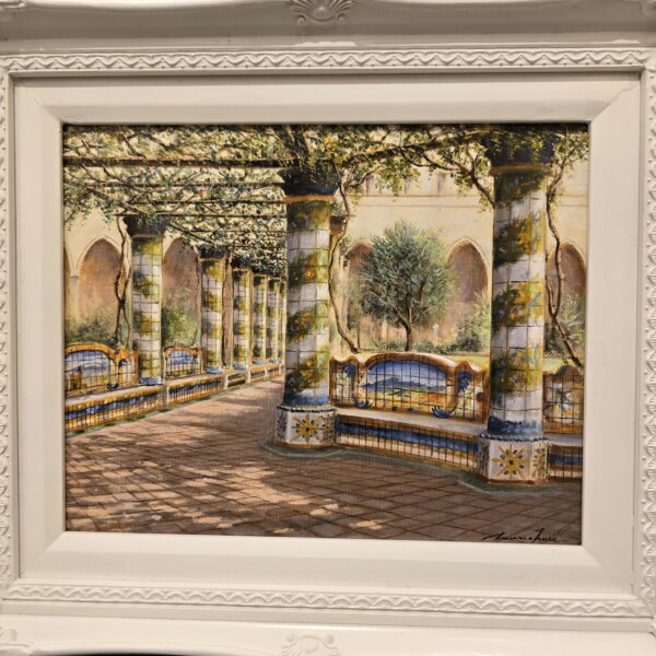 Dipinto a olio su tavola di Mario Irace raffigurante il Chiostro di Santa Chiara con cornice bianca elegante.