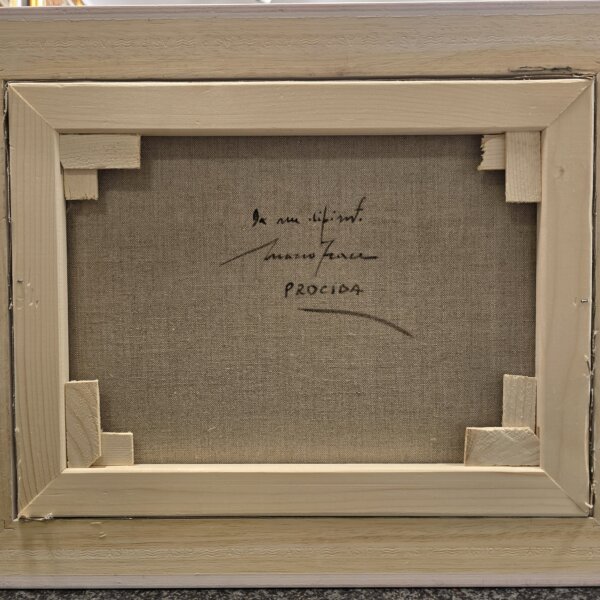 Autentica e firma sul retro - Mario Irace Retro della tela con telaio in legno, recante il titolo autografo e la firma originale del pittore Mario Irace a garanzia di autenticità.