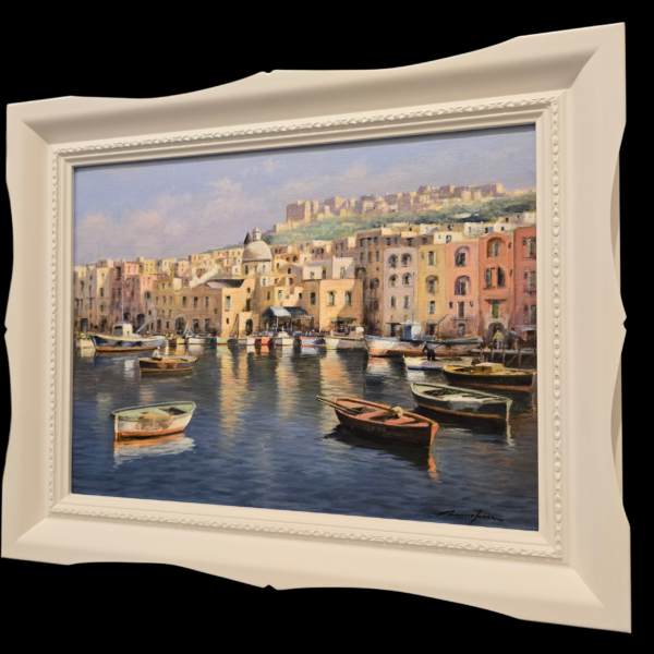 Dettaglio della cornice e dei colori Particolare ravvicinato del dipinto a olio di Mario Irace, con focus sulla texture materica del colore e sul profilo elegante in oro e bianco della cornice.