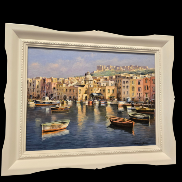 Veduta completa incorniciata - Mario Irace Dipinto a olio su tela di Mario Irace completo di cornice decorativa 40x50 cm, raffigurante le abitazioni colorate del borgo della Corricella.