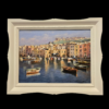 Veduta frontale dell'opera su tela Paesaggio marino a olio su tela 30x40 cm che ritrae le pittoresche case pastello e le barche ormeggiate in un borgo campano.