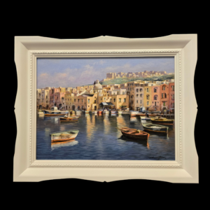 Veduta frontale dell'opera su tela Paesaggio marino a olio su tela 30x40 cm che ritrae le pittoresche case pastello e le barche ormeggiate in un borgo campano.