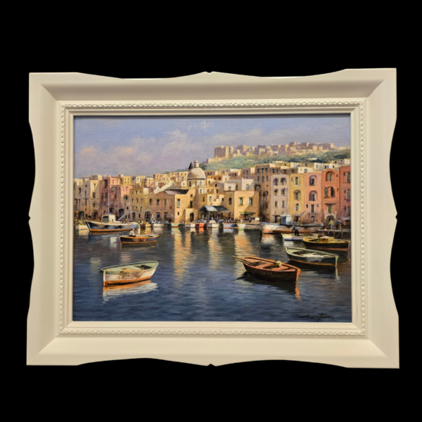 Veduta frontale dell'opera su tela Paesaggio marino a olio su tela 30x40 cm che ritrae le pittoresche case pastello e le barche ormeggiate in un borgo campano.