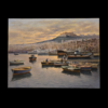 Mario Irace - Verso sera - Opera completa Dipinto a olio su tela di Mario Irace raffigurante il porto di Napoli con barche al tramonto e San Martino sullo sfondo.