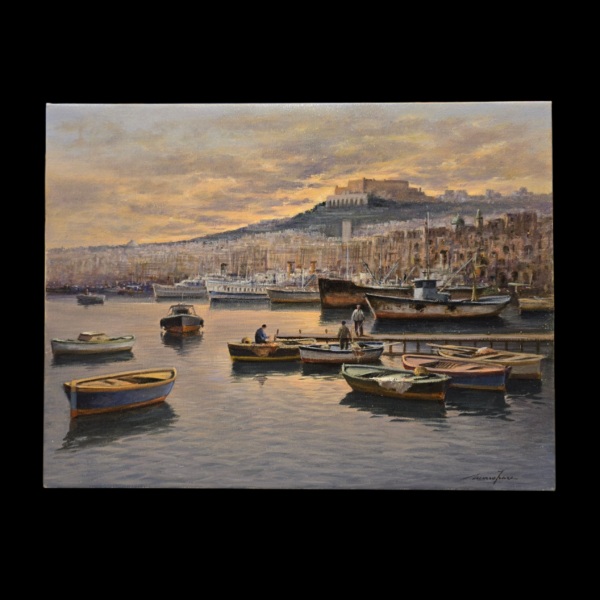 Mario Irace - Verso sera - Opera completa Dipinto a olio su tela di Mario Irace raffigurante il porto di Napoli con barche al tramonto e San Martino sullo sfondo.