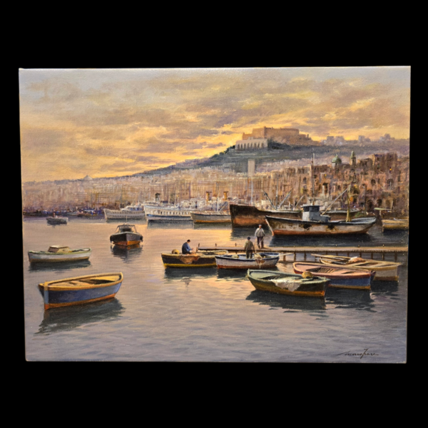 Veduta frontale del quadro Verso sera Paesaggio marino napoletano olio su tela 30x40 del pittore Mario Irace in condizioni perfette.