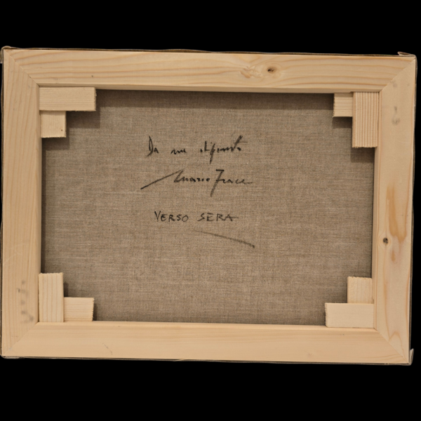 Autentica e firma sul retro - Verso sera di Mario Irace Retro della tela del dipinto Verso sera con firma autografa e titolo del Maestro Mario Irace.