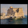 Armando Romano - Il Castel dell'Ovo - Vista frontale Dipinto completo a olio su tavola 30x40 cm raffigurante il Castel dell'Ovo a Napoli con barca e mare calmo, opera di Armando Romano.
