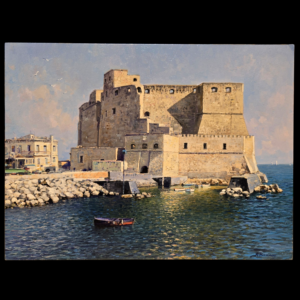 Armando Romano - Il Castel dell'Ovo - Vista frontale Dipinto completo a olio su tavola 30x40 cm raffigurante il Castel dell'Ovo a Napoli con barca e mare calmo, opera di Armando Romano.