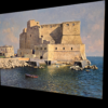 Prospettiva e texture dell'opera Il Castel dell'Ovo Inquadratura laterale del dipinto di Armando Romano che mostra la matericità del colore a olio e i dettagli del paesaggio marino.