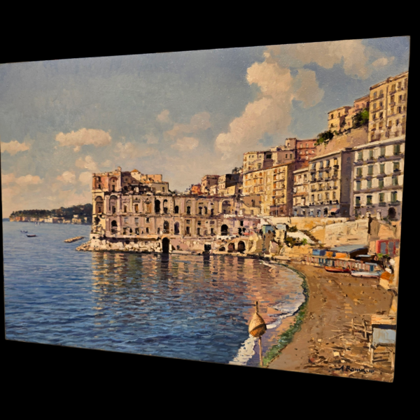 Prospettiva e dettagli dell'opera Palazzo Donn'Anna Vista angolata del dipinto di Armando Romano che evidenzia la matericità della tecnica a olio e la luminosità del mare di Napoli.