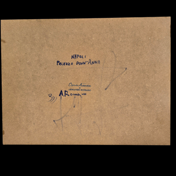 Autentica e firma sul retro - Armando Romano Retro del dipinto con certificazione di autenticità "Dipinto Autentico di Armando Romano" e titolo dell'opera scritto a mano.