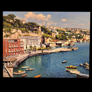 Armando Romano - Ripa Fiorita - Vista frontale completa Dipinto a olio su tavola 30x40 cm che raffigura il borgo di Ripa Fiorita a Posillipo con Villa Volpicelli e barche nel mare blu.