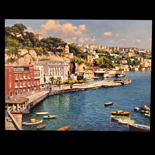 Armando Romano - Ripa Fiorita - Vista frontale completa Dipinto a olio su tavola 30x40 cm che raffigura il borgo di Ripa Fiorita a Posillipo con Villa Volpicelli e barche nel mare blu.