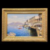 Armando Romano - Borgo Marinaro - Opera incorniciata Veduta frontale del dipinto a olio Borgo Marinaro di Armando Romano con cornice dorata lavorata, raffigurante il Vesuvio e le barche a Napoli.