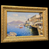 Dettaglio prospettico e cornice dorata Inquadratura angolata del quadro di Armando Romano che mostra lo spessore della cornice oro e la vivacità dei colori a olio sulla tavola.