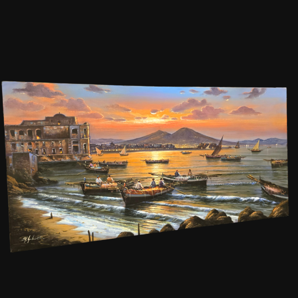 Dettaglio architettonico e riflesso lunare Particolare del dipinto di Mario Galanti con focus sull'edificio storico di Posillipo e il brillante riflesso della luna sull'acqua.